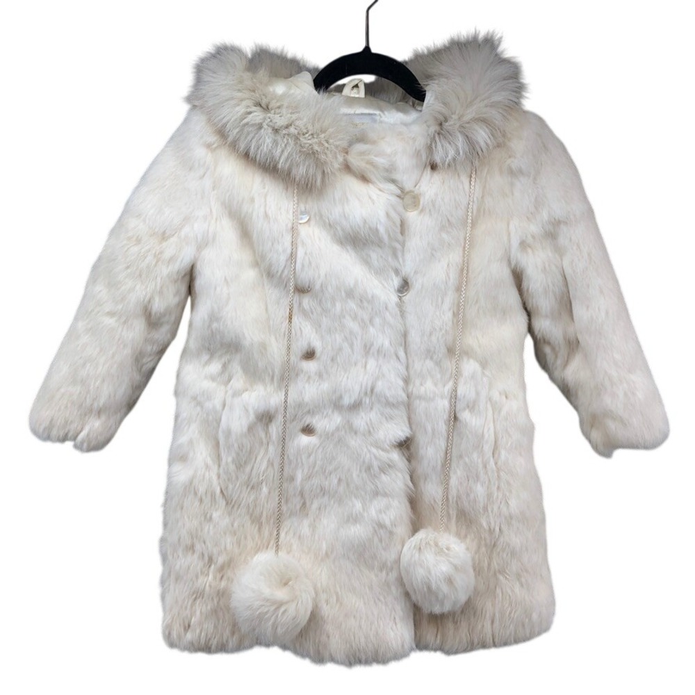 Princess Caravelle Rabbit Fur Coat Girls 5 Toddler Cream Vintage Hooded Pom Pom